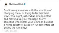 Dont marry someone with the intention of chaging them or trying to fix their bad ways - Mufti Menk